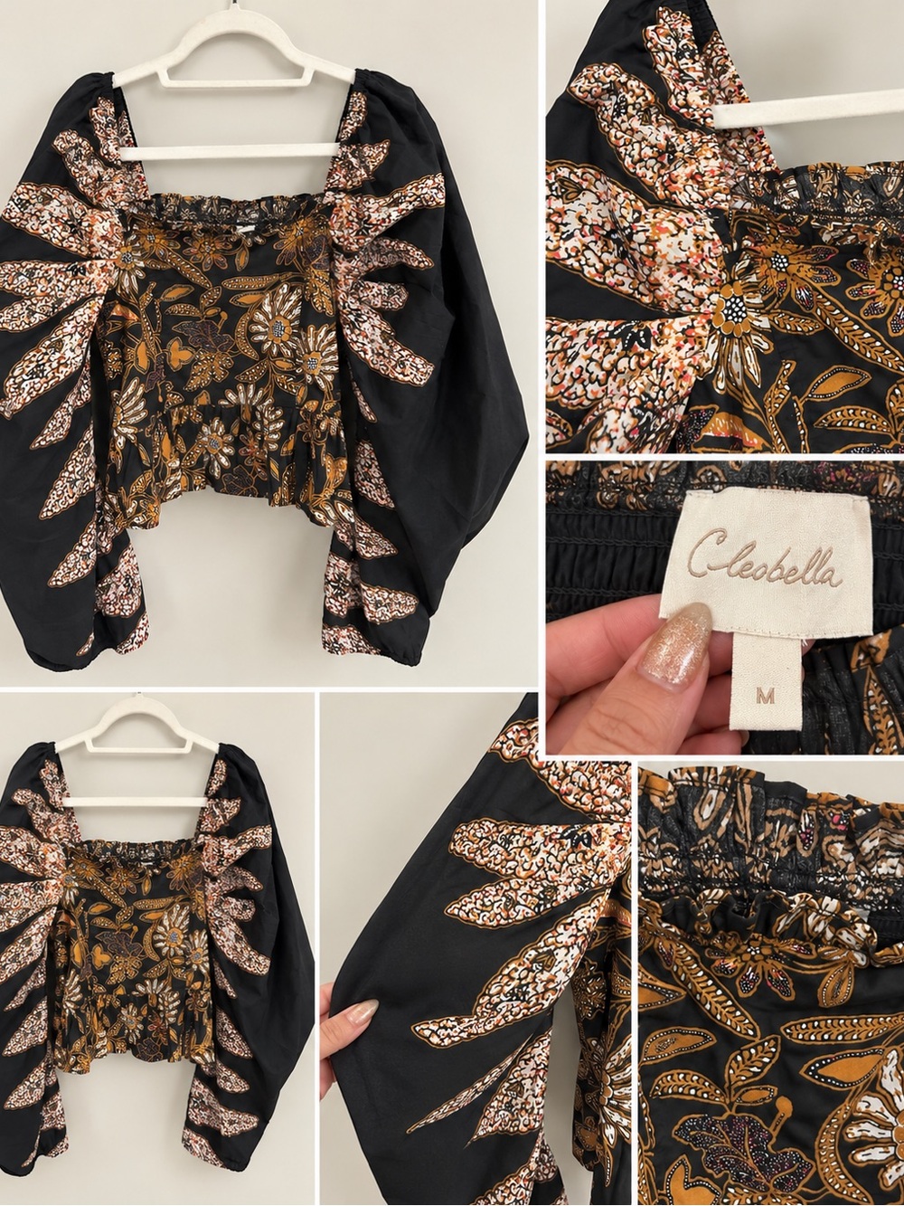 Cleobella Elizabeth Floral Dramatic Puff-Sleeve Crop Top with Peplum (M)